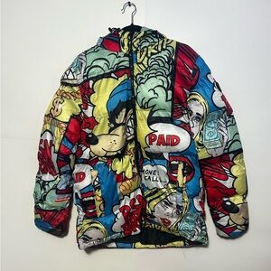 New York Comic Allover Print Hooded Puffer Jacket Large Male
